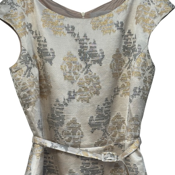 Barneys New York Metallic Brocade Dress 6 Gold Silver Sheath Belted Italy - Picture 2 of 7